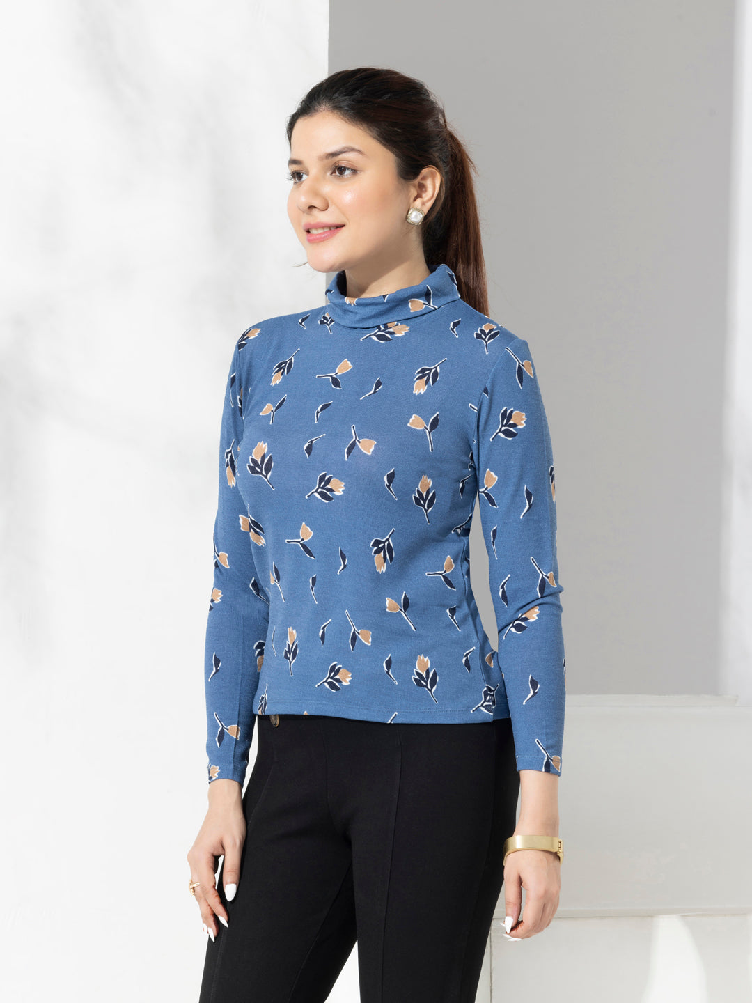 Blue Floral Print Turtle Neck Top