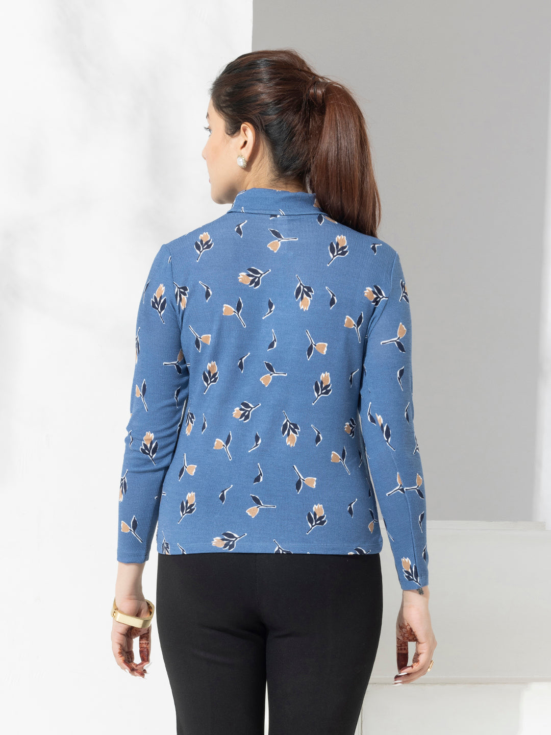 Blue Floral Print Turtle Neck Top