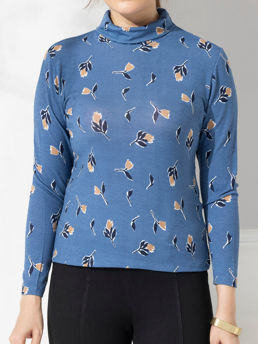 Blue Floral Print Turtle Neck Top