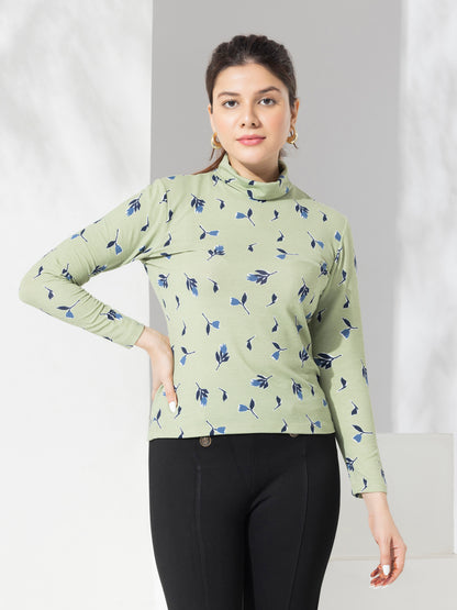 Green Floral Print Turtle Neck Top