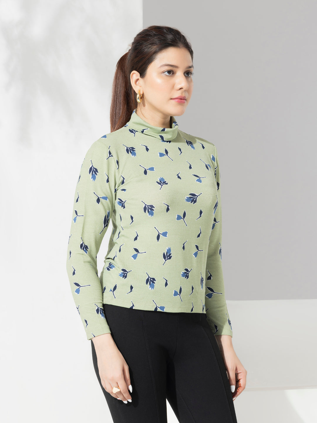 Green Floral Print Turtle Neck Top