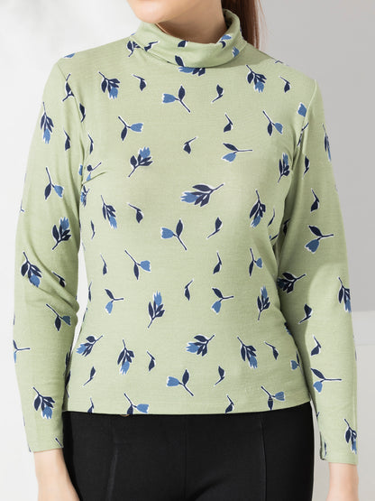 Green Floral Print Turtle Neck Top