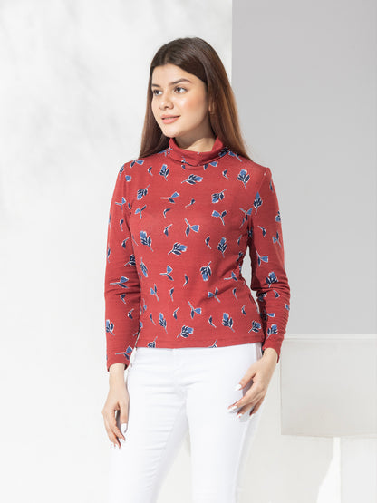 Red Floral Print Turtle Neck Top