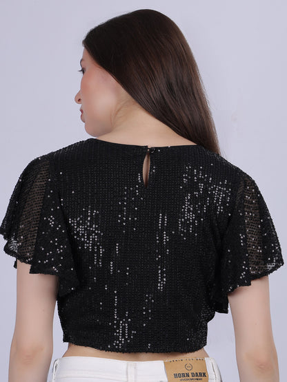 Black Sequence Fashion Crop Top With Bell Sleeves