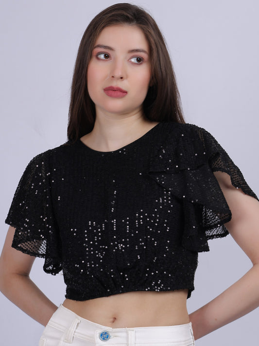 Black Sequence Fashion Crop Top With Bell Sleeves