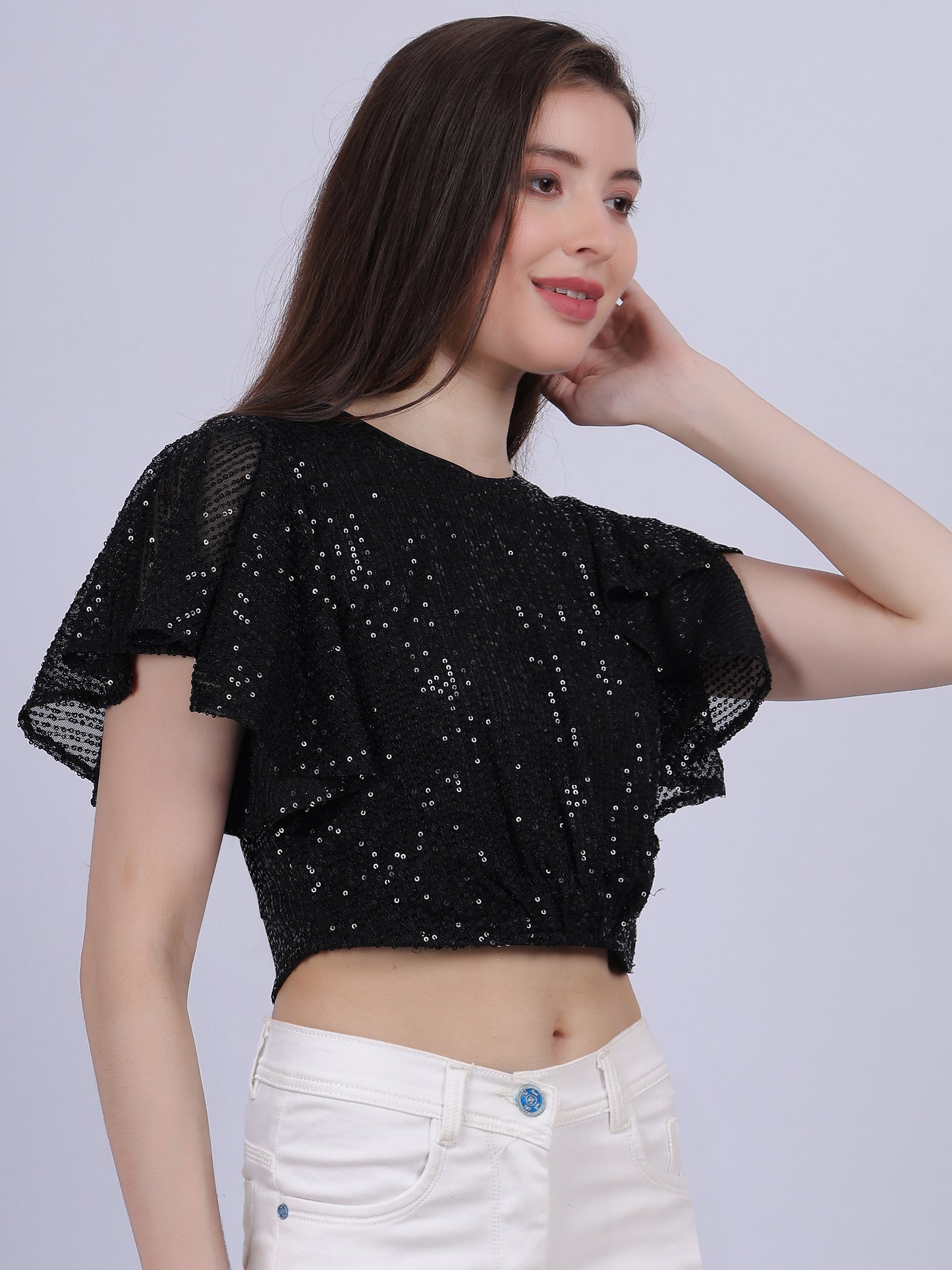 Black Sequence Fashion Crop Top With Bell Sleeves