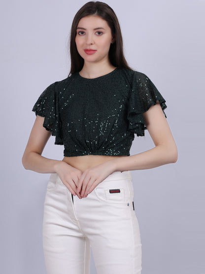 Green Sequence Fashion Crop Top With Bell Sleeves