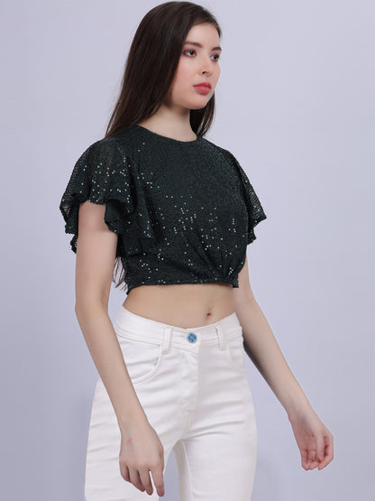 Green Sequence Fashion Crop Top With Bell Sleeves