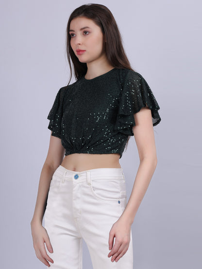 Green Sequence Fashion Crop Top With Bell Sleeves