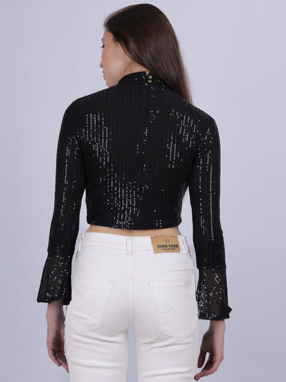 Black Sequence Fashion Crop Top With Bell Sleeves