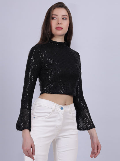 Black Sequence Fashion Crop Top With Bell Sleeves