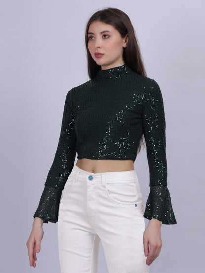 Green Sequence Fashion Crop Top With Bell Sleeves