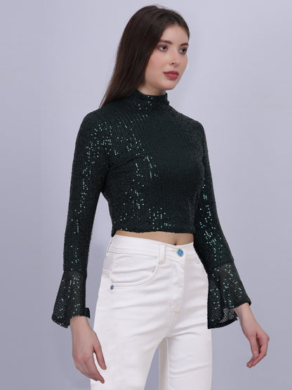 Green Sequence Fashion Crop Top With Bell Sleeves