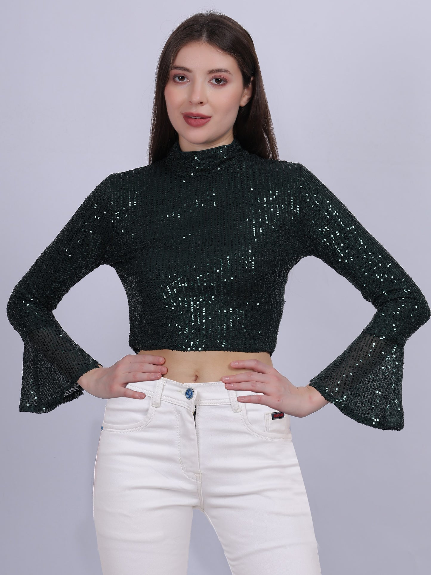 Green Sequence Fashion Crop Top With Bell Sleeves