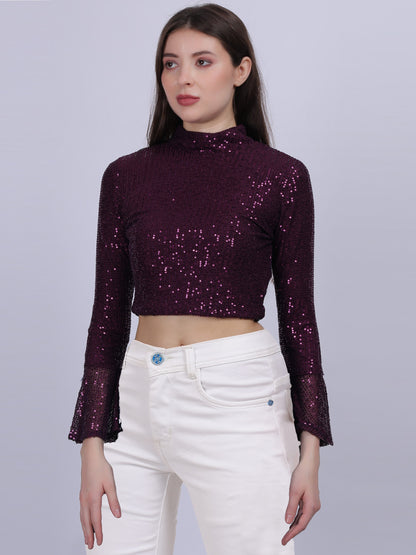 Wine Sequence Fashion Crop Top With Bell Sleeves