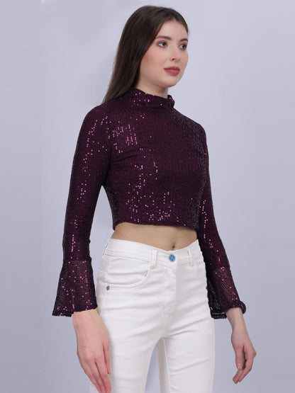 Wine Sequence Fashion Crop Top With Bell Sleeves