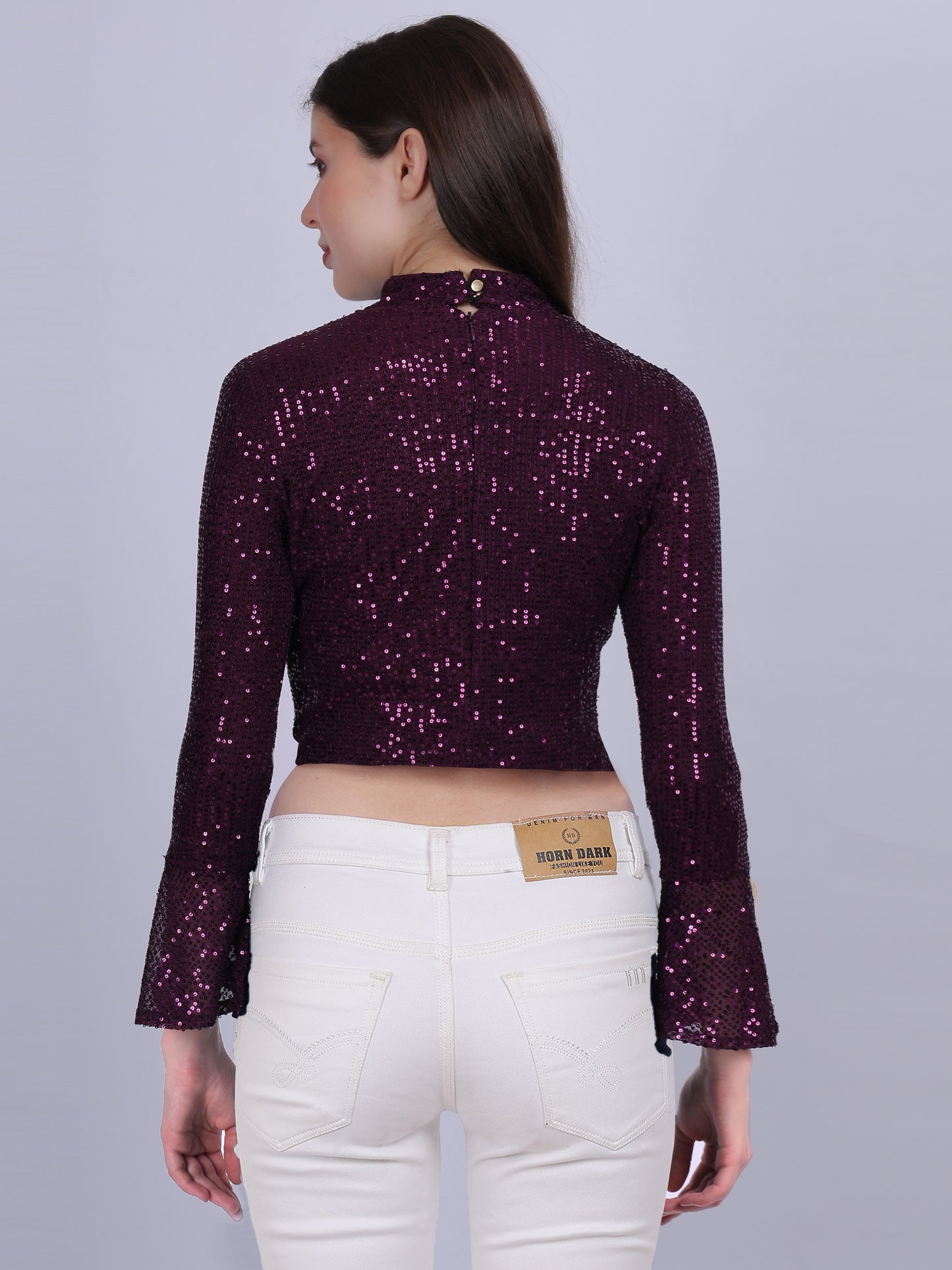 Wine Sequence Fashion Crop Top With Bell Sleeves