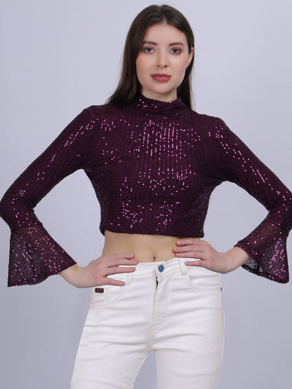 Wine Sequence Fashion Crop Top With Bell Sleeves