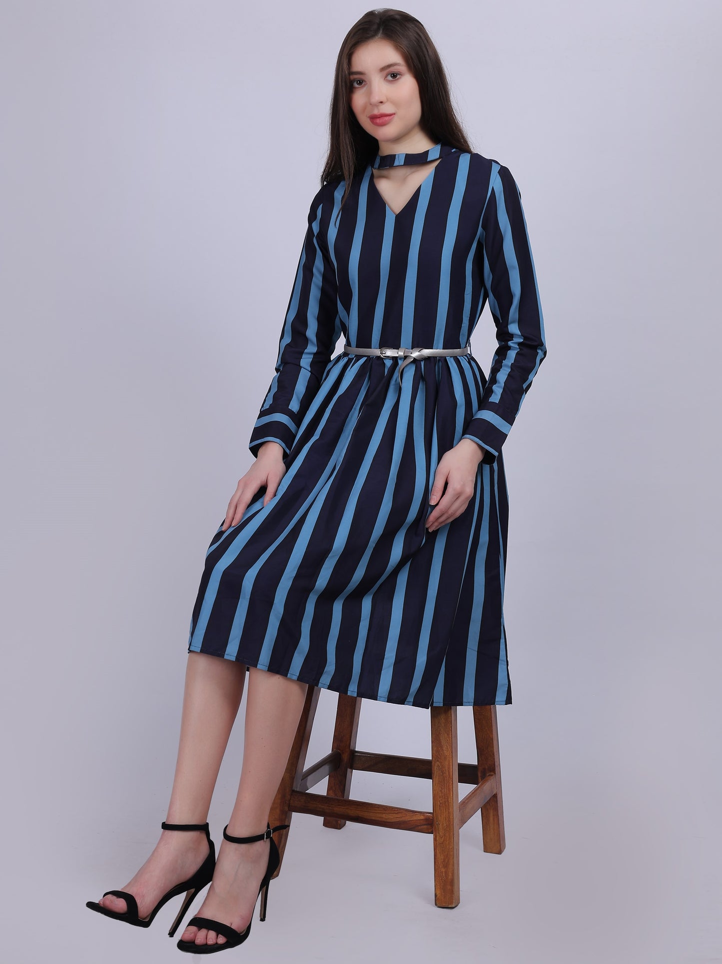 Stripe Print Fashion Dress With Belt