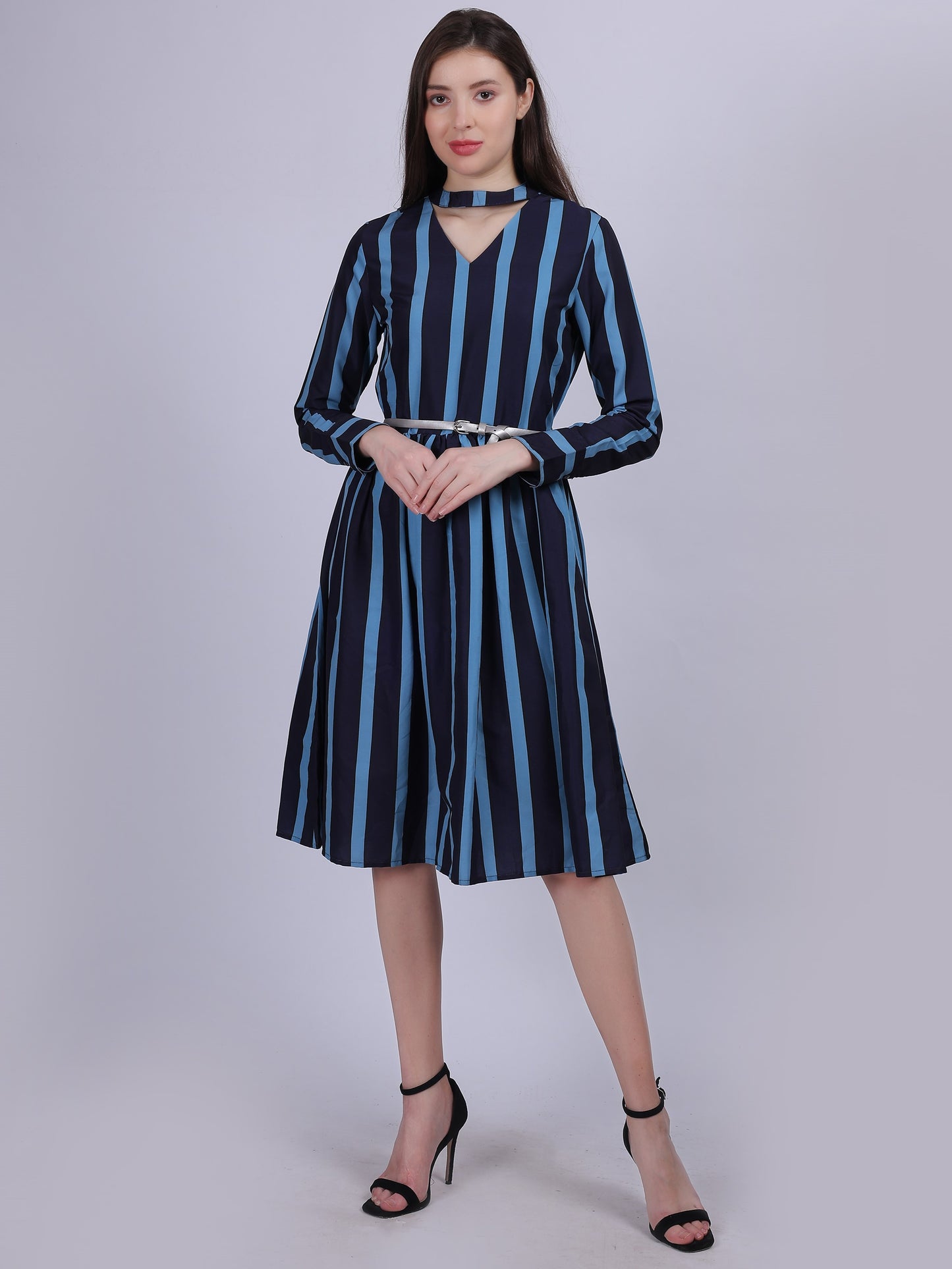 Stripe Print Fashion Dress With Belt