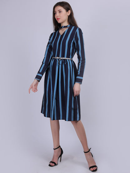 Stripe Print Fashion Dress With Belt