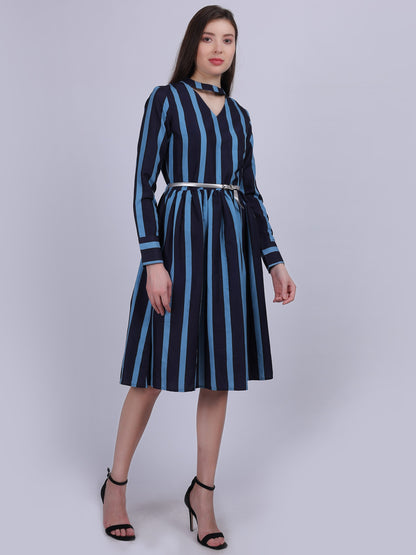 Stripe Print Fashion Dress With Belt