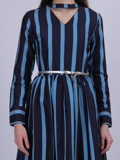 Stripe Print Fashion Dress With Belt