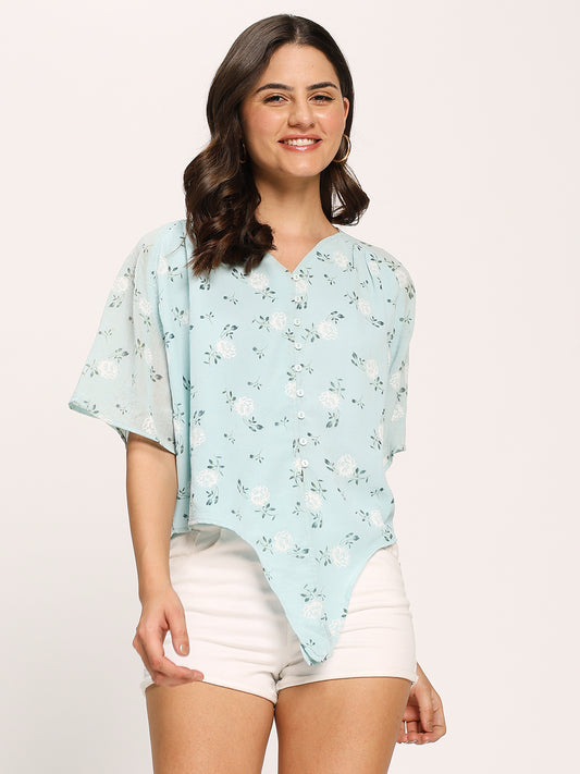 Blue Floral Print Crop Knot Shirt