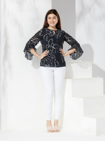 Black Abstract Print Fancy Top With Bell Sleeves