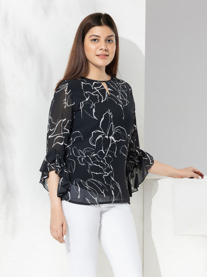 Black Abstract Print Fancy Top With Bell Sleeves