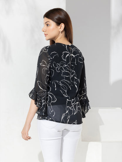 Black Abstract Print Fancy Top With Bell Sleeves