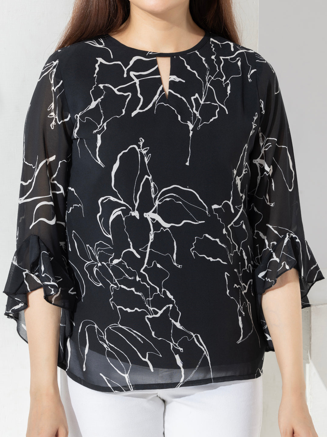 Black Abstract Print Fancy Top With Bell Sleeves