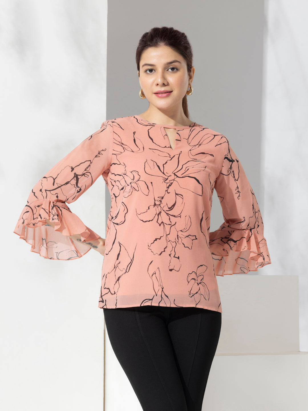 Pink Abstract Print Fancy Top With Bell Sleeves