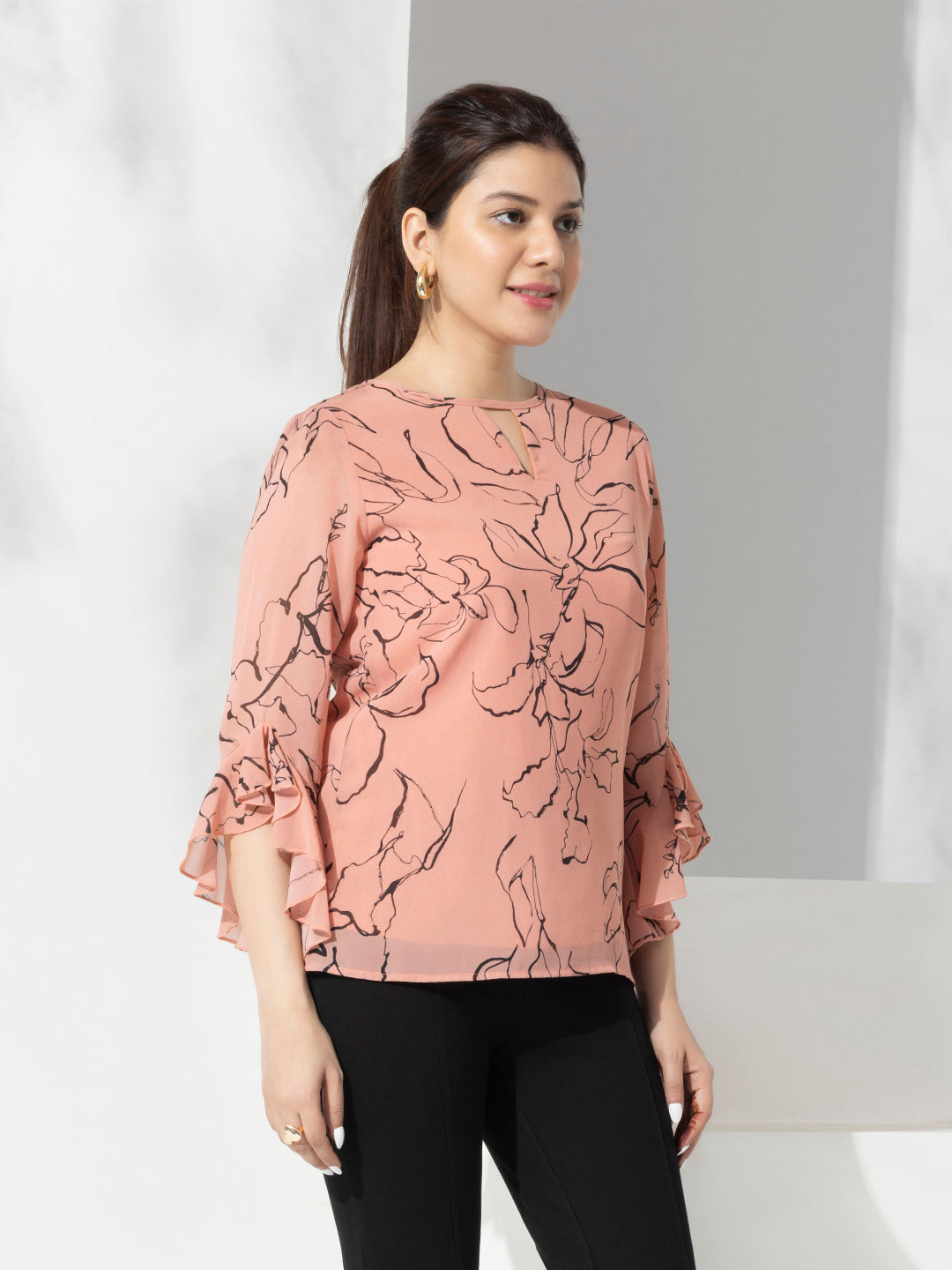 Pink Abstract Print Fancy Top With Bell Sleeves