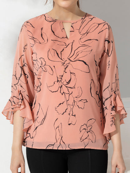 Pink Abstract Print Fancy Top With Bell Sleeves