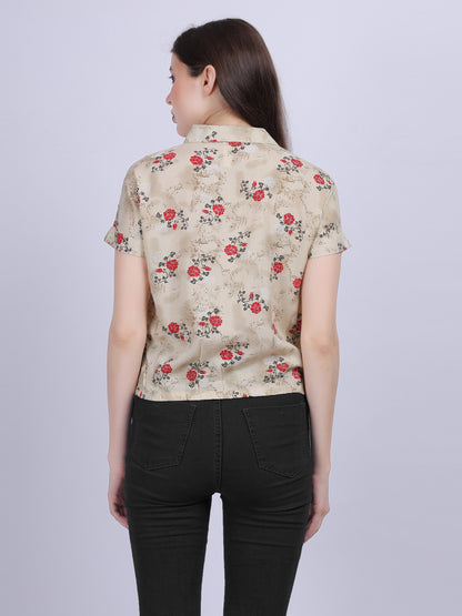 Beige Floral Print Casual Crop Shirt