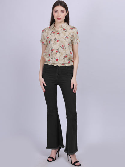 Beige Floral Print Casual Crop Shirt