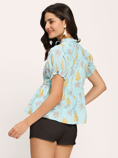 Blue Floral Print Casual Cotton Top