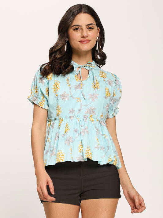 Blue Floral Print Casual Cotton Top