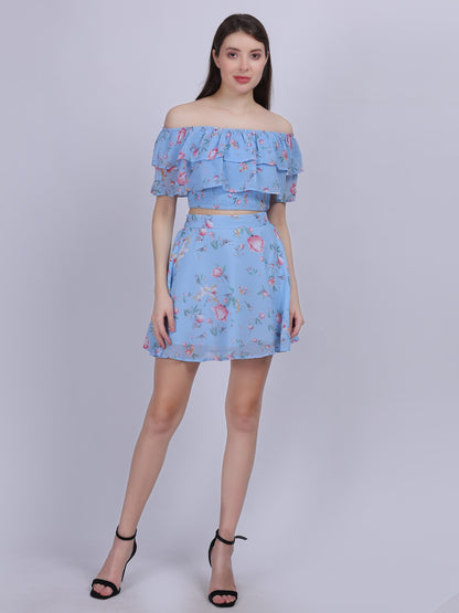 Blue Floral Print Fashion Cord-set With Short Off-shoulder Top & Skirt