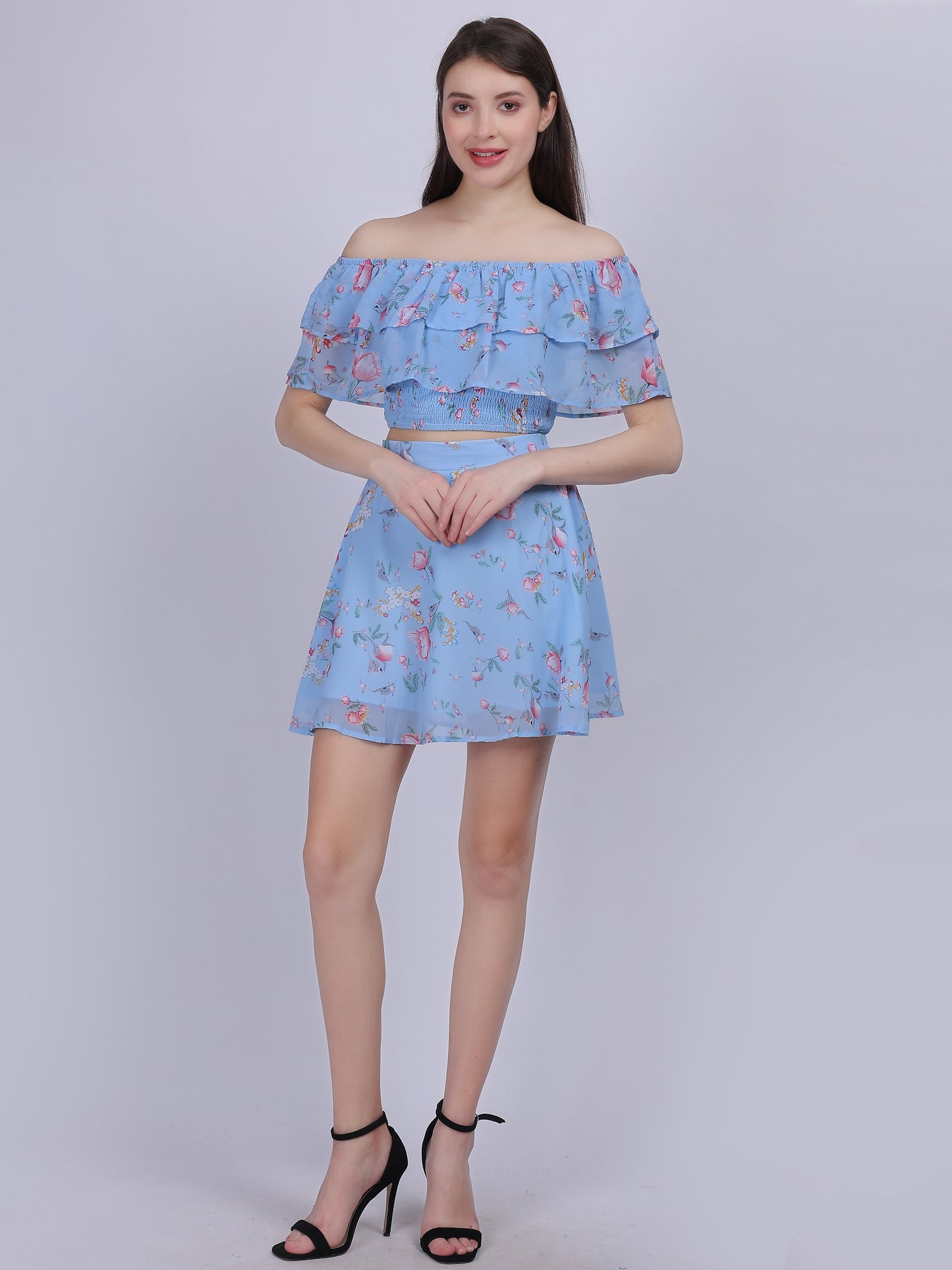 Blue Floral Print Fashion Cord-set With Short Off-shoulder Top & Skirt