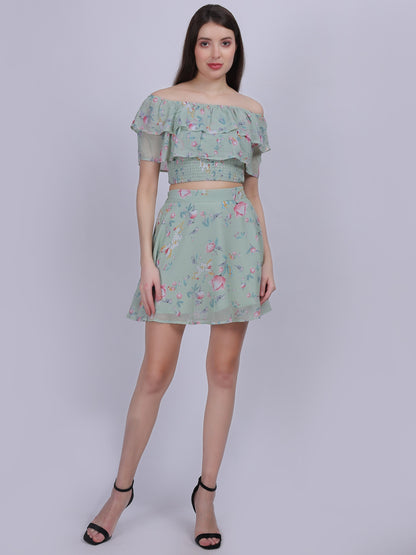 Green Floral Print Fashion Cord-set With Short Off-shoulder Top & Skirt