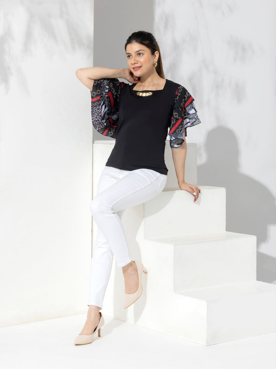 Black Mix & Match Solid Top With Fancy Layered Printed Sleeves