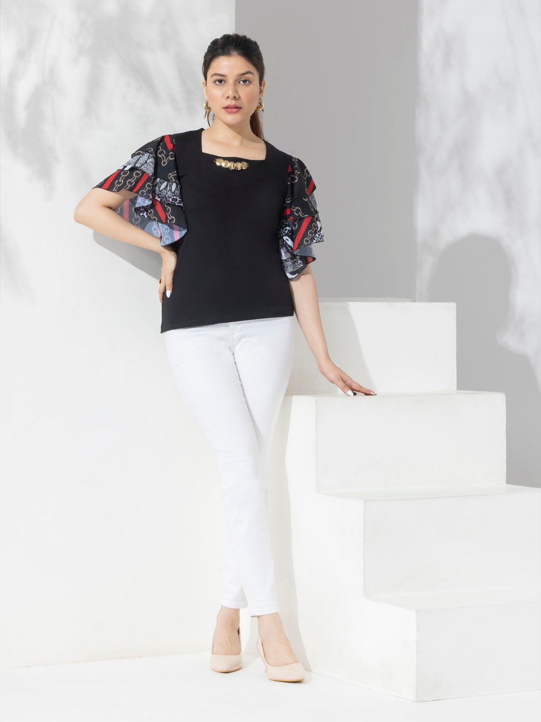 Black Mix & Match Solid Top With Fancy Layered Printed Sleeves