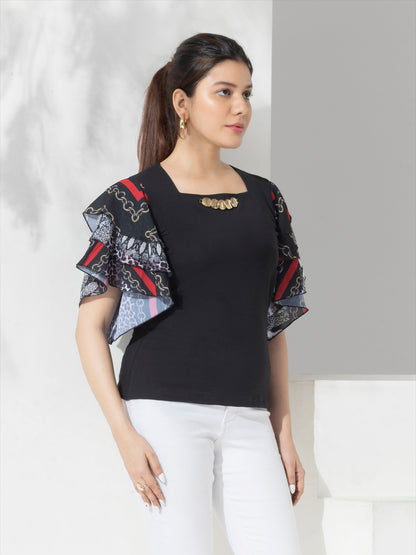 Black Mix & Match Solid Top With Fancy Layered Printed Sleeves