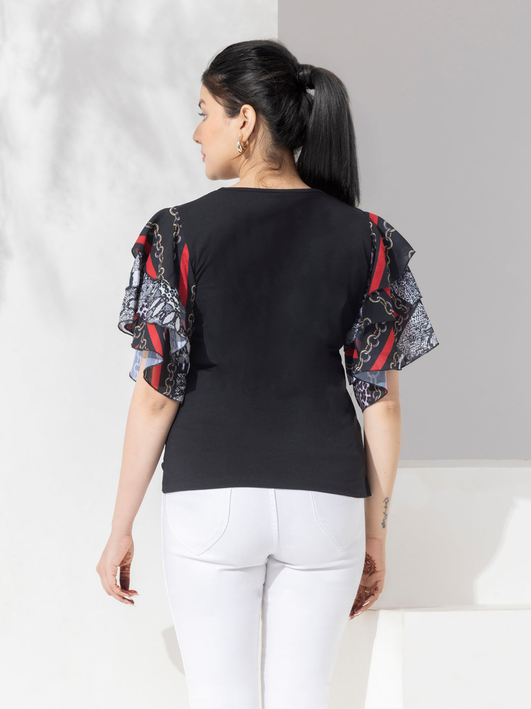 Black Mix & Match Solid Top With Fancy Layered Printed Sleeves