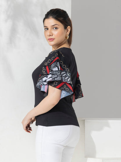 Black Mix & Match Solid Top With Fancy Layered Printed Sleeves