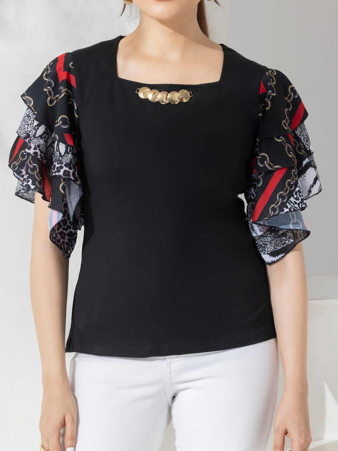 Black Mix & Match Solid Top With Fancy Layered Printed Sleeves