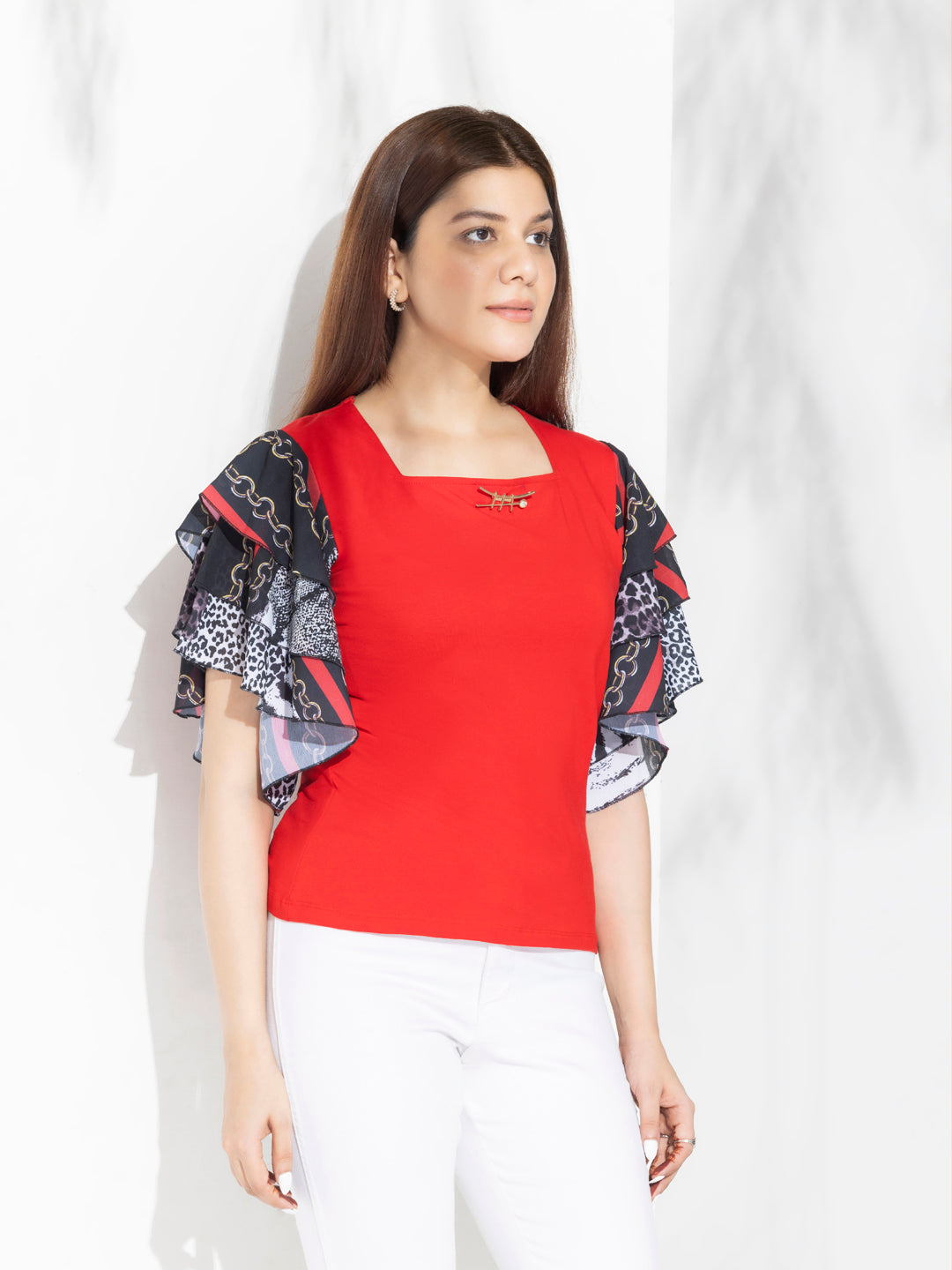 Red Mix & Match Solid Top With Fancy Layered Printed Sleeves