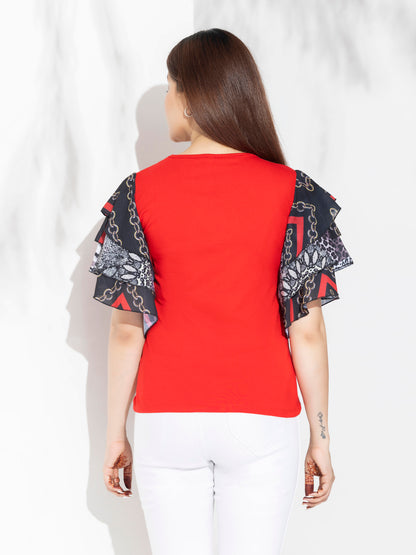 Red Mix & Match Solid Top With Fancy Layered Printed Sleeves